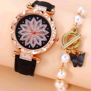 *GIRGEOUS LADIES QUARTZ  ROSE GOLD FLOWER WATCH AND BUTTERFLY BRACELET SET